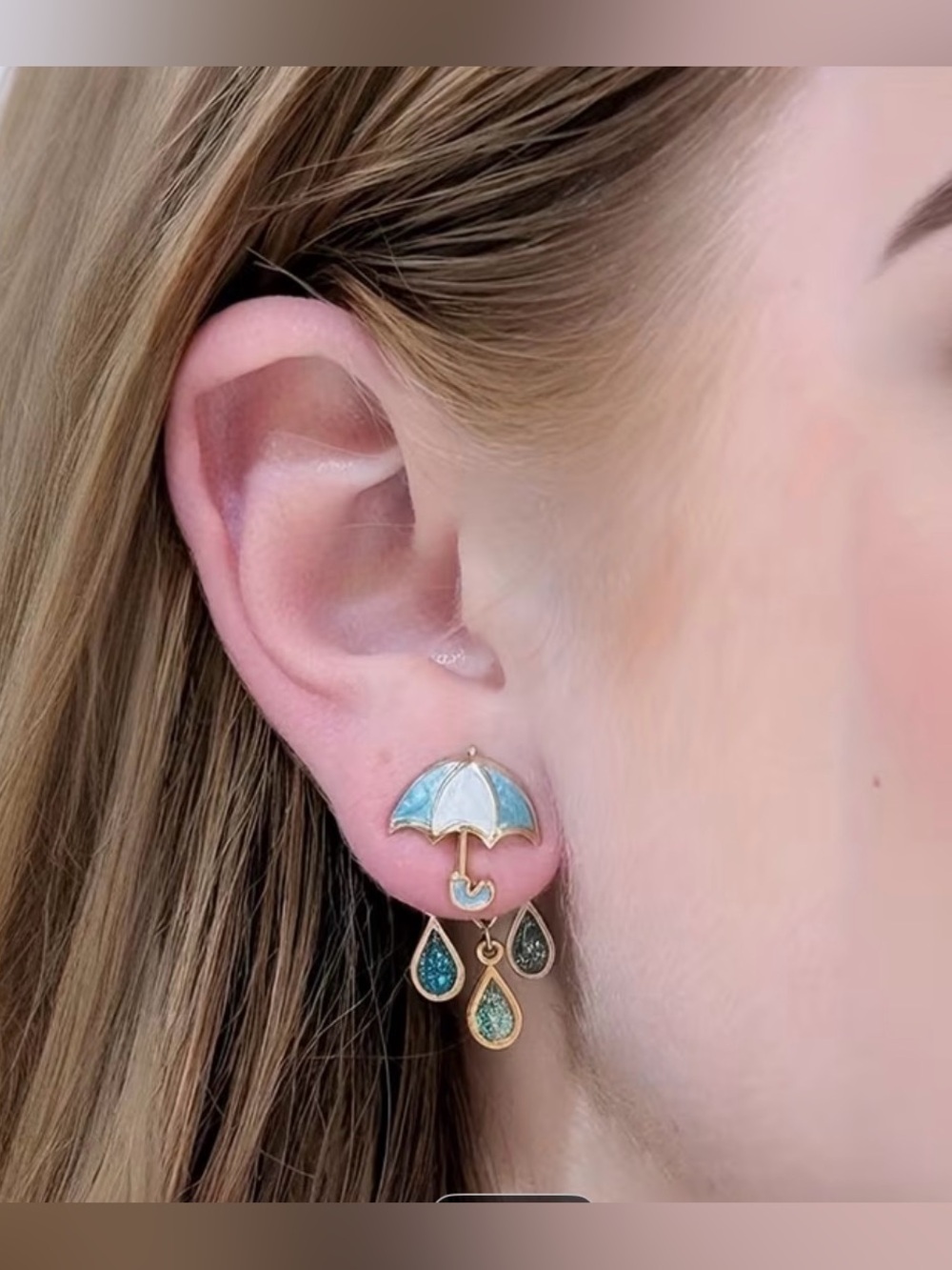 Umbrella Dangle Earrings with Blue & White Enamel